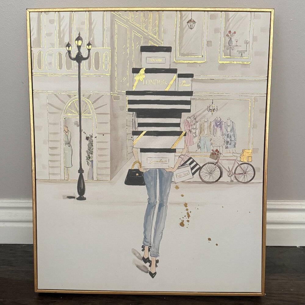 COLLEEN KARIS Liesl Long canvas wall art shopping girl gold framed London Paris